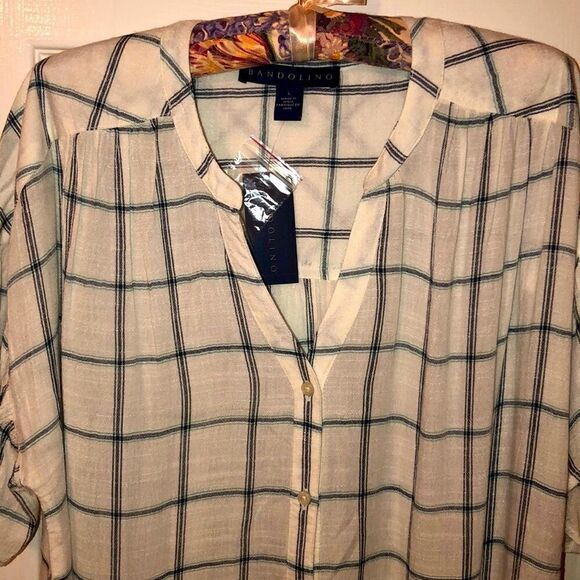 Bandolino L white blue green plaid short flutter sleeve button down shirt - Picture 4 of 10